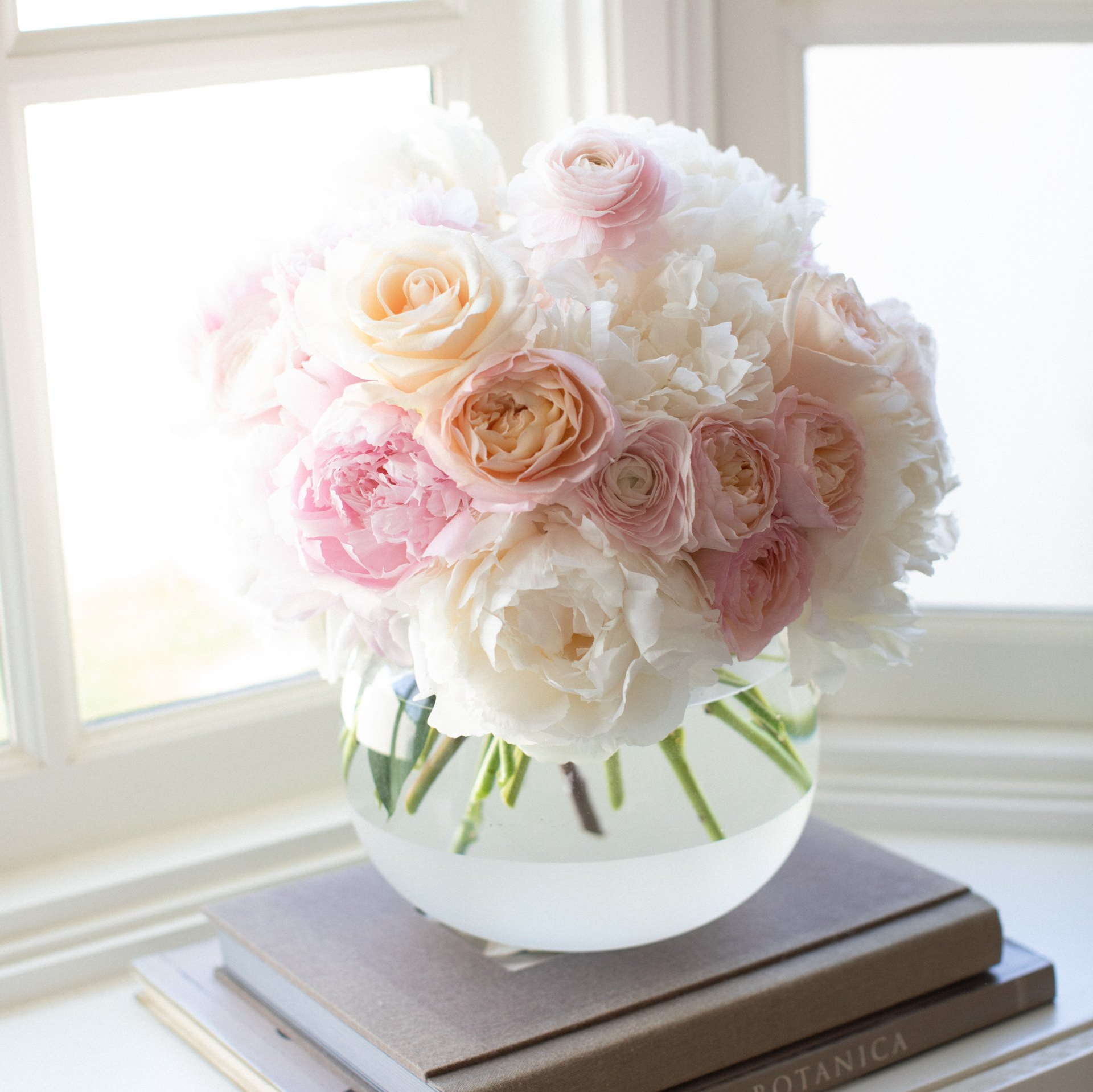A vase of flowers sits on top of a stack of books titled botanica