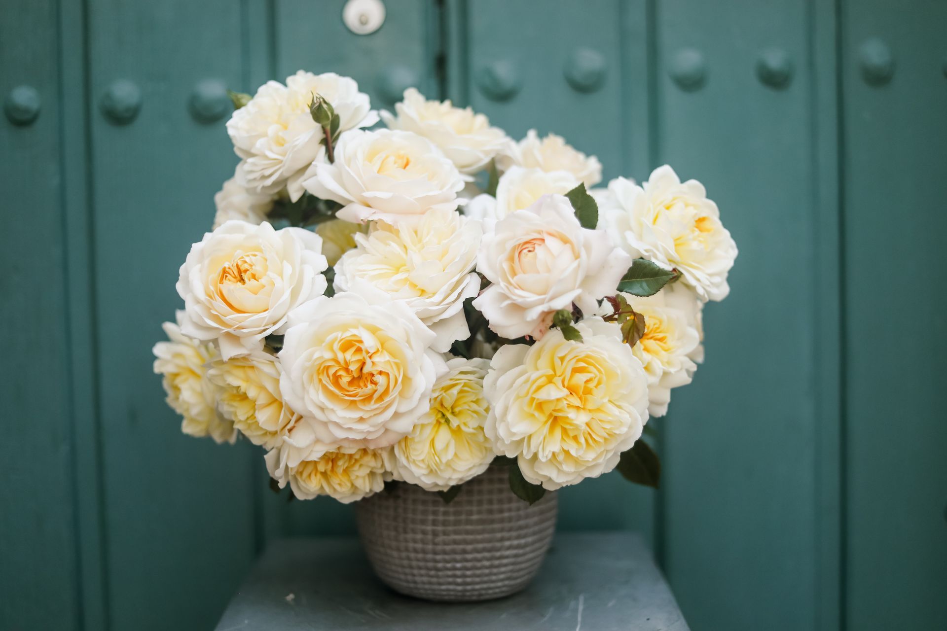 A close up of a flower arrangement, featuring open blooms of soft yellow garden roses from Rose Story Farm in Santa Barbara, CA.