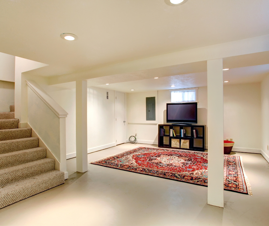 A living room with a staircase and a flat screen tv.