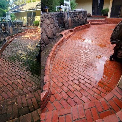 Wet red brick walkway curving beside a stone wall and outdoor stairs, split into before-and-after views