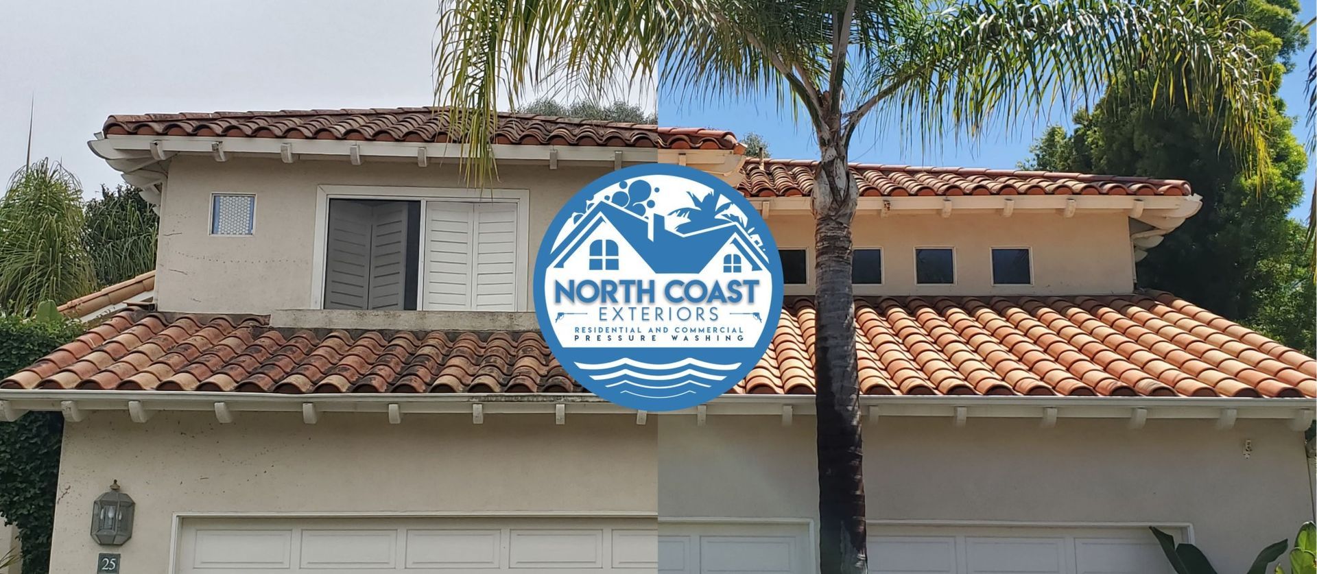 Two-story tan house with red tile roof and palm trees, overlaid with North Coast logo