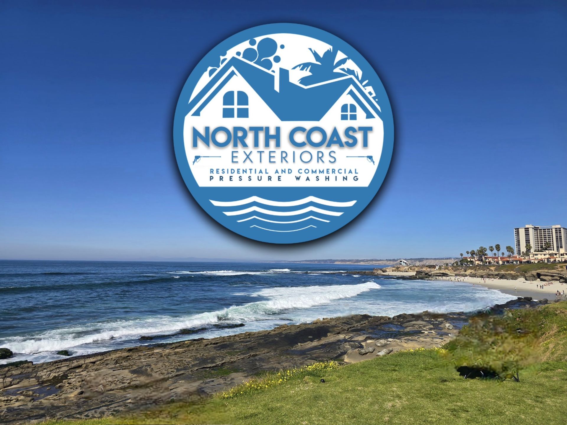 North Coast Exteriors logo over a coastal beach and ocean scene