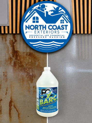 North Coast Exteriors sign above a hanging bottle of Barc cleaner against a stained wall