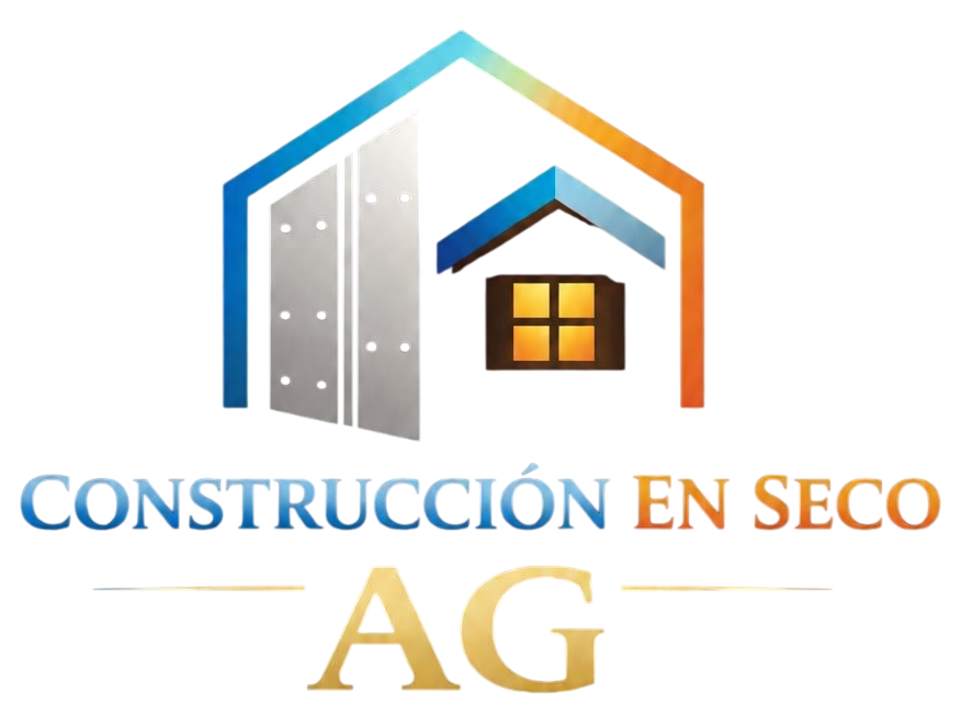 Logo de Construcción en Seco AG con casa estilizada en azul, naranja y gris