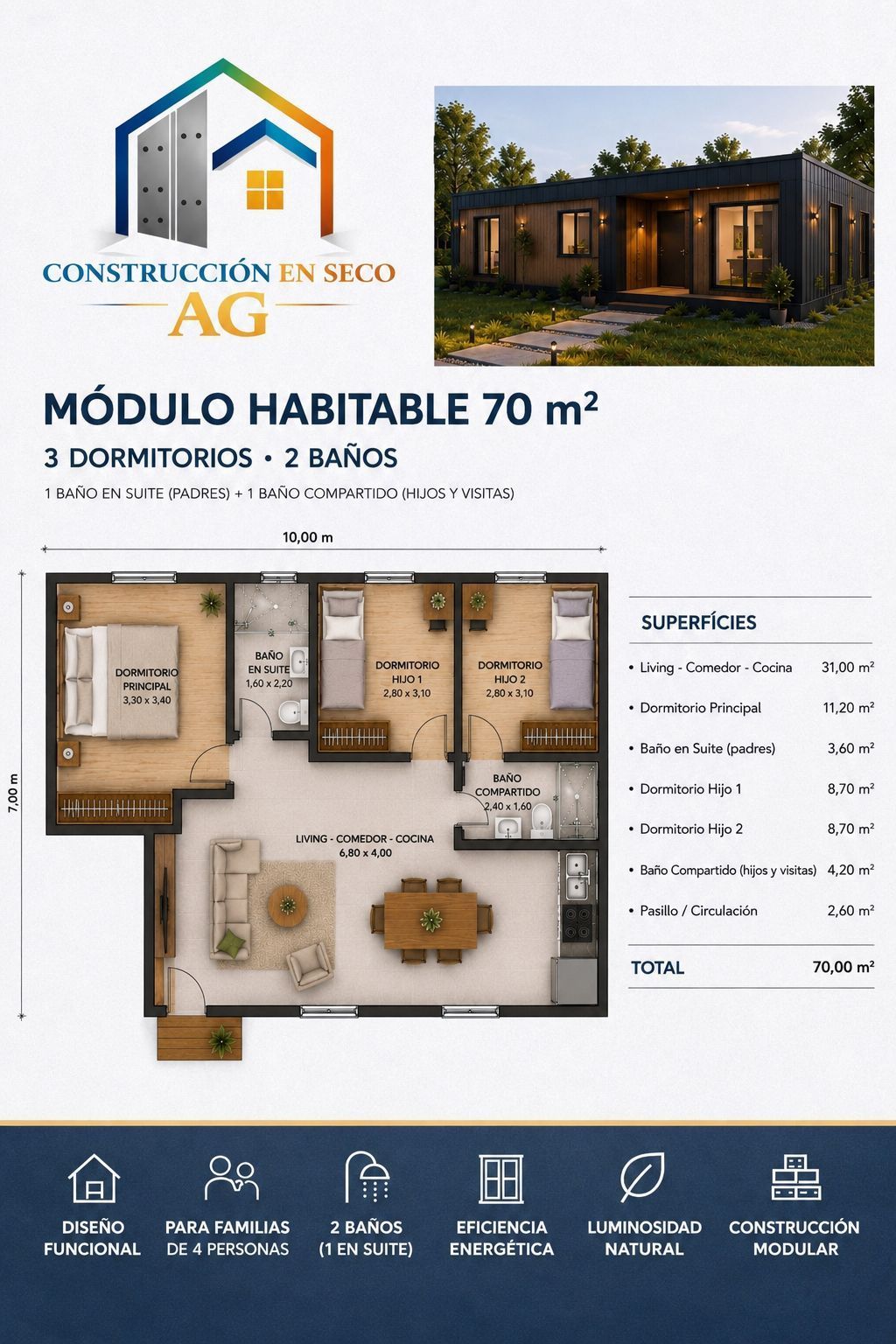 Folleto de módulo habitable 70 m² con plano, vista exterior y lista de superficies.