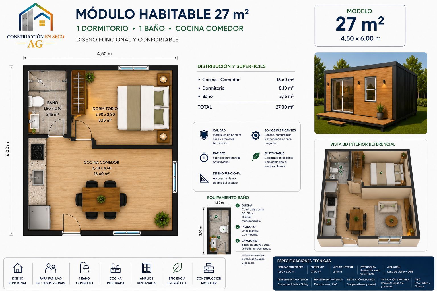 Plano de planta y representación exterior de una minicasa modular de 27 m² en español, con distribución interior