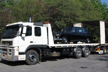 White truck carrying a car