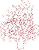 A drawing of a tree with red leaves on a white background