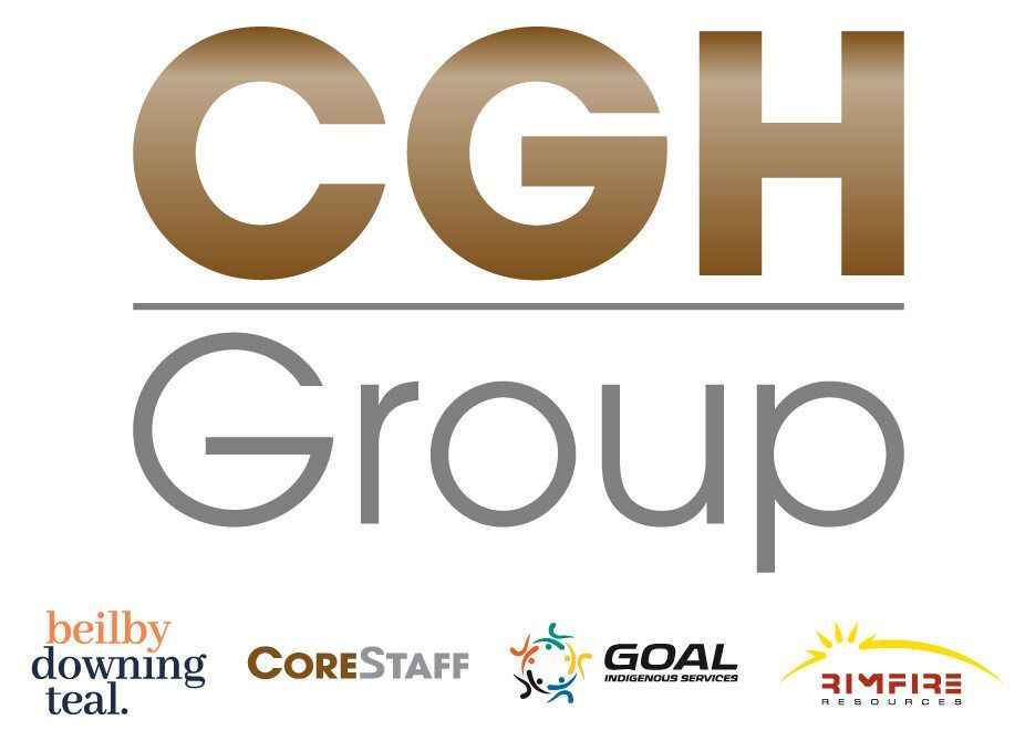 Logo for CGH Group featuring the text and the logos of its subsidiaries: Beilby Downing Teal, Corestaff, and Goal.