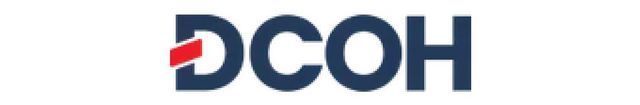DCOH logo featuring dark blue capital letters with a small, slanted red rectangle accenting the letter D.