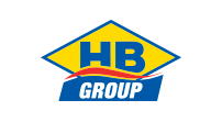 The HB Group logo featuring large blue letters inside a yellow diamond above a blue banner with the word