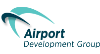 Logo for Airport Development Group with a stylized teal and dark blue abstract swoosh over the company name.