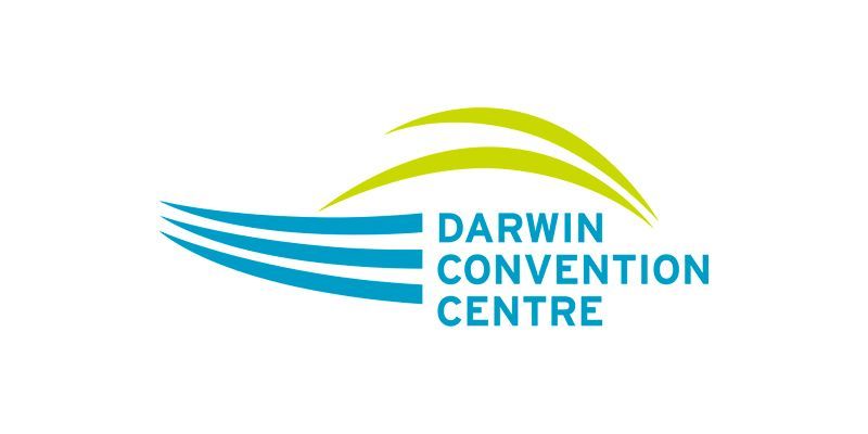 Logo for the Darwin Convention Centre featuring a blue wave graphic and a lime green arc on a white background.