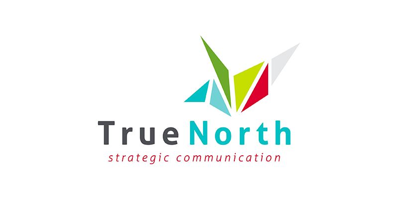 Logo for True North Strategic Communication featuring a colorful, geometric origami-style bird symbol above the text.
