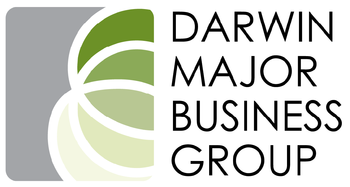 Logo for Darwin Major Business Group, featuring a gray rectangle with overlapping green circular segments and black text.