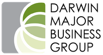 Logo for Darwin Major Business Group, featuring a gray rectangle with overlapping green circular segments and black text.