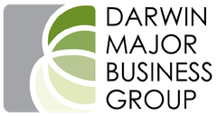 Logo for Darwin Major Business Group, featuring a gray rectangle with overlapping green circular segments and black text.