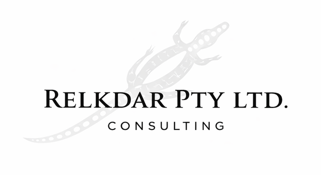 Logo for Relkdar Pty Ltd. Consulting featuring a faint, stylized, dot-art style lizard silhouette behind the company name.
