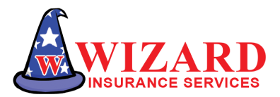 A logo for wizard insurance services with a wizard hat