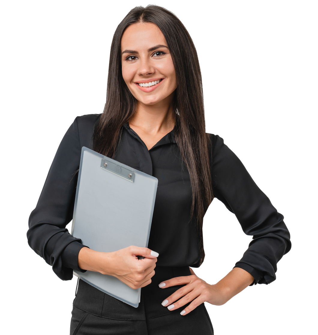 a woman in a black shirt is holding a clipboard and smiling .