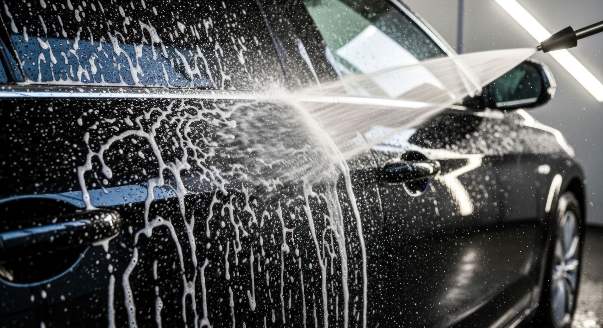 Black car being washed with soapy water from a pressure washer.