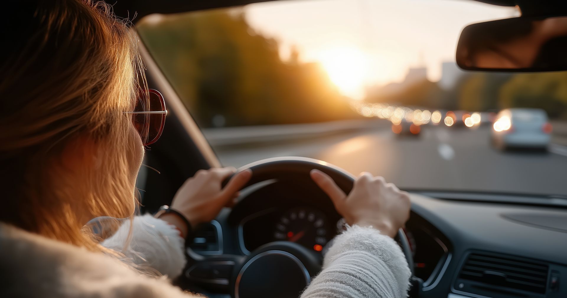 Woman driving a car on a highway toward the sunset.