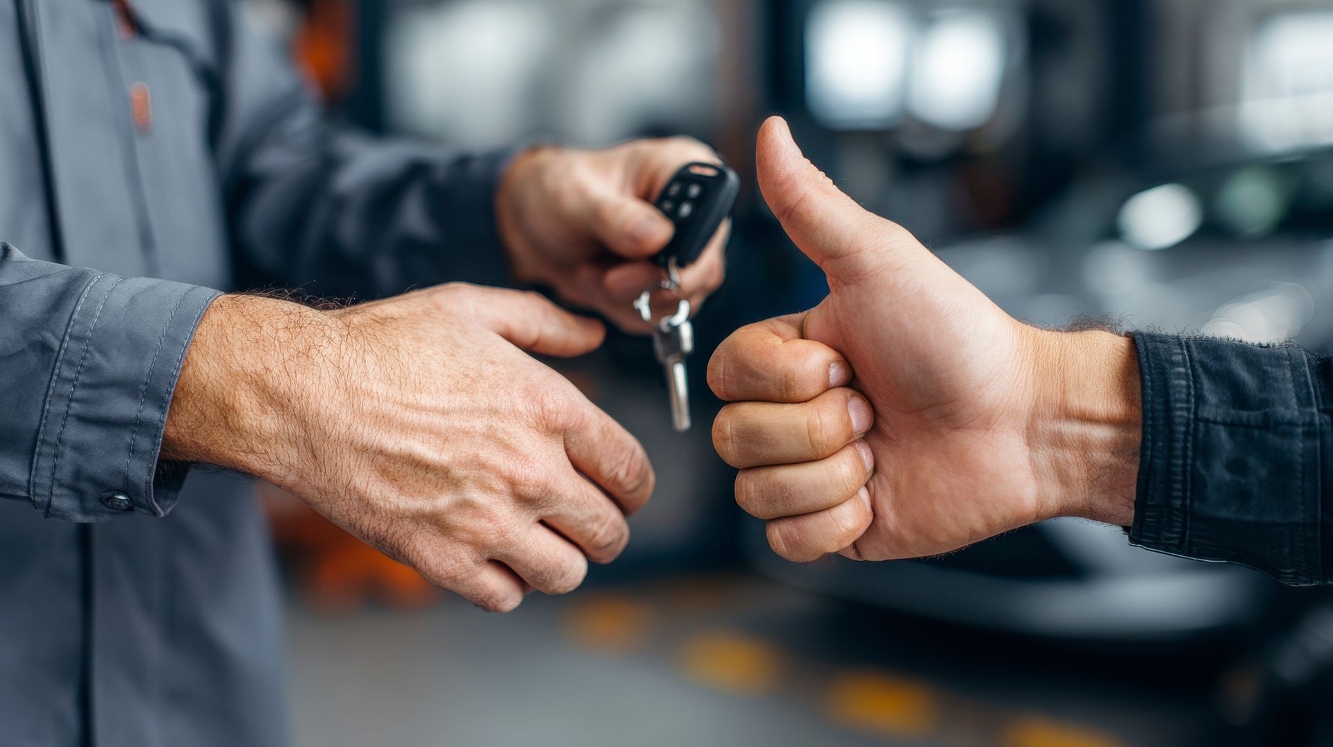 Person handing car keys to another person with a thumbs-up in a garage.