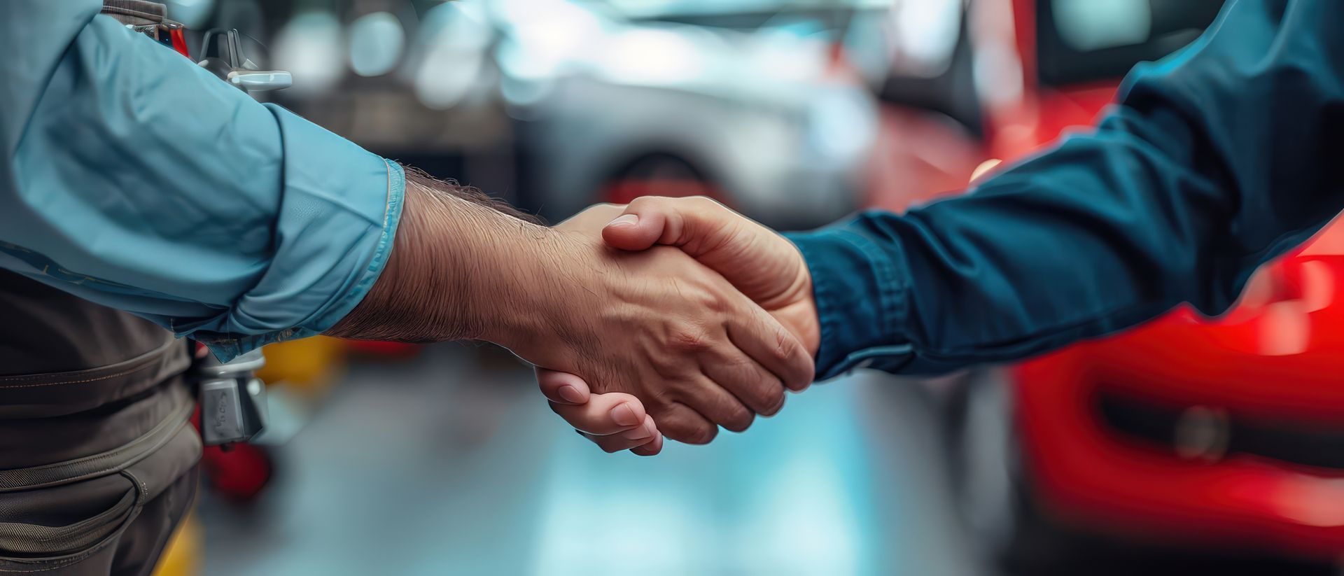 Two people shaking hands, blurred cars in the background, likely in a car repair shop.