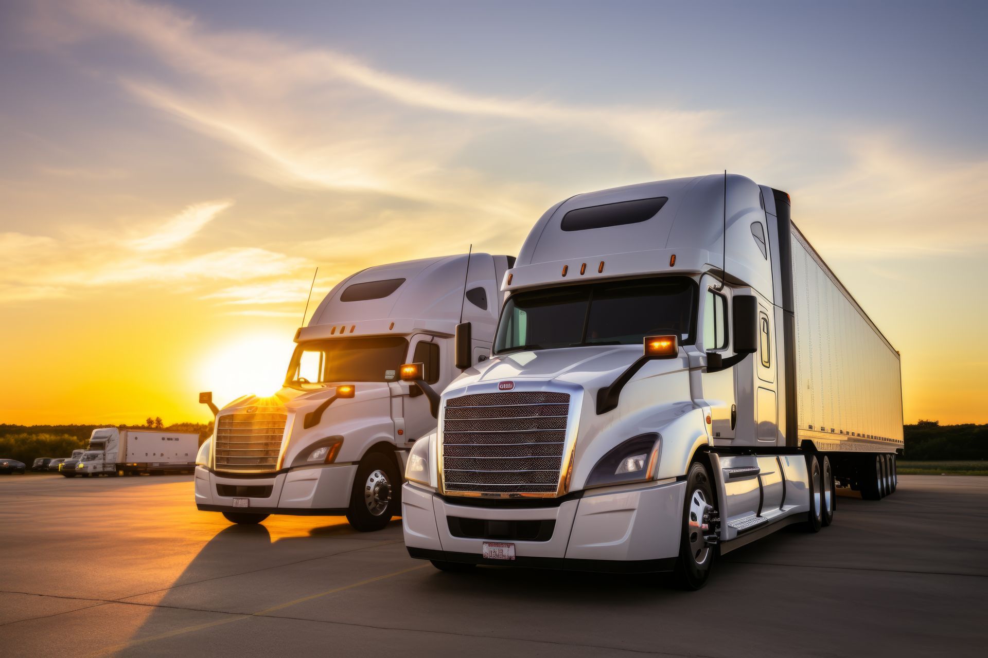 Two white semi-trucks parked at sunset.