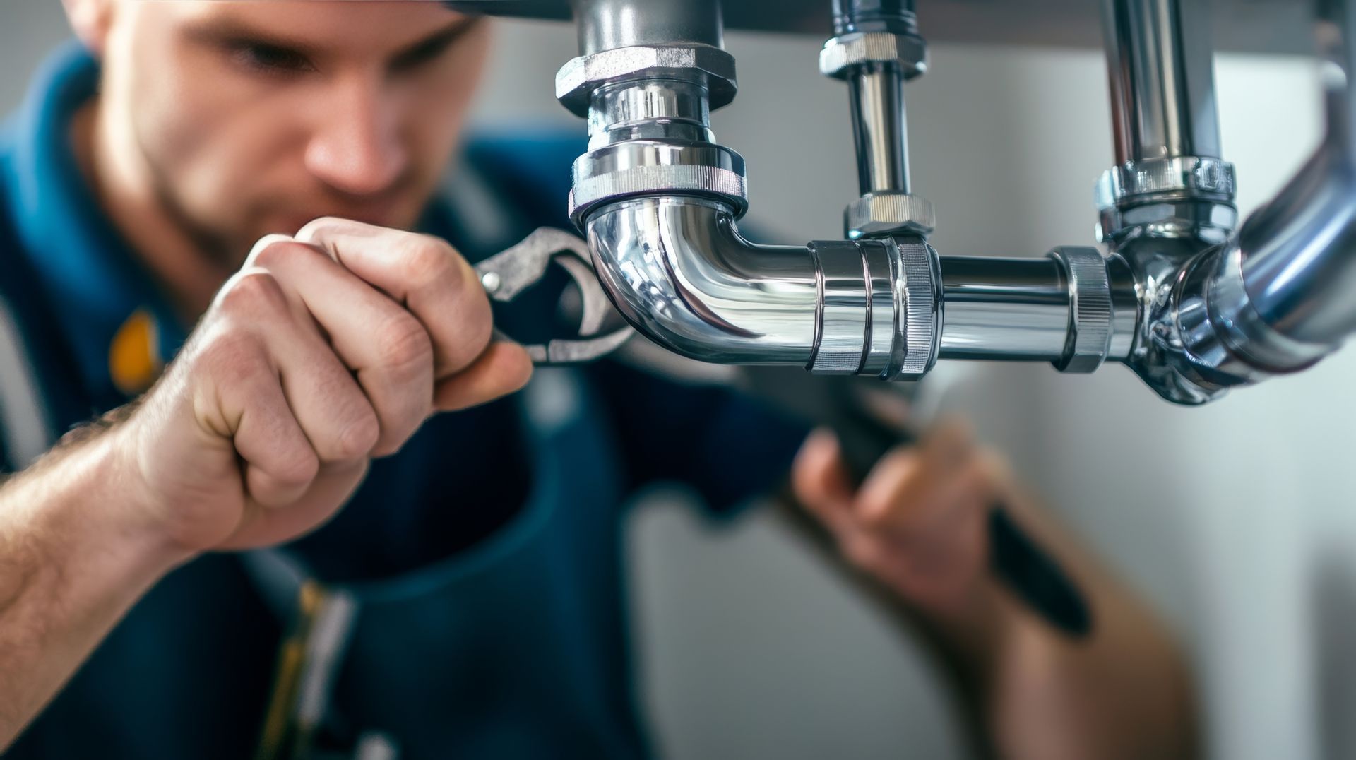 A plumber is fixing a pipe with a wrench.