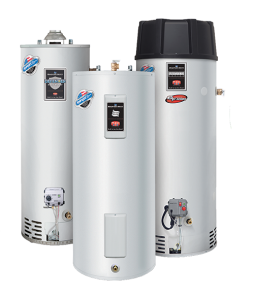 Three water heaters are sitting next to each other on a white background.