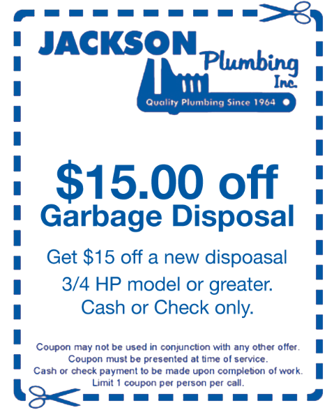 A coupon for garbage disposal from jackson plumbing inc.