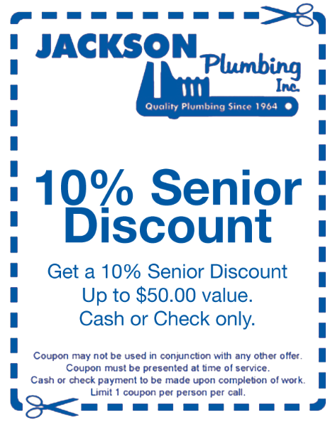 A coupon for jackson plumbing inc. that says 10 % senior discount