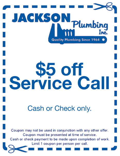 A coupon for $ 5 off service call from jackson plumbing inc.