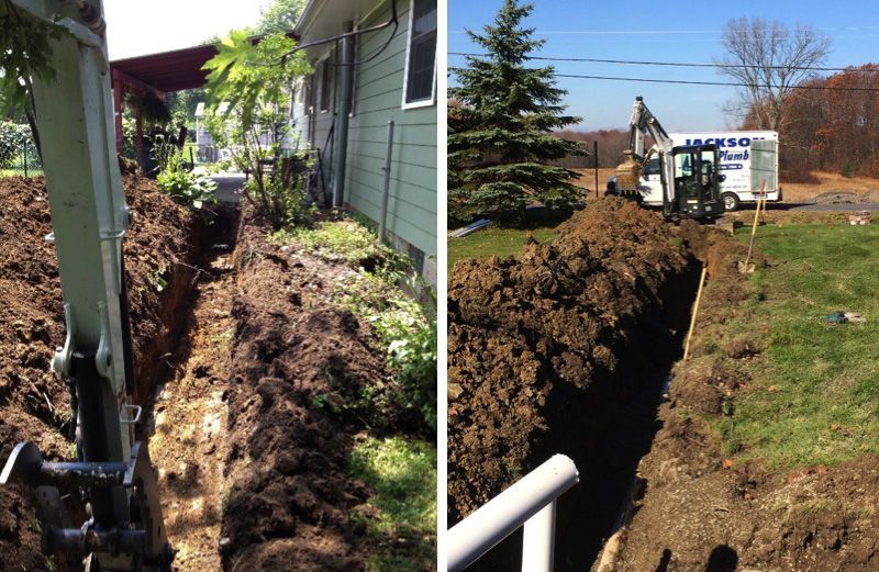 A picture of a house being built and a picture of a trench being dug