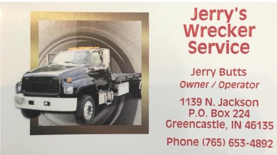 Business card for Jerry's Wrecker Service in Greencastle, IN. Shows a tow truck and contact info.
