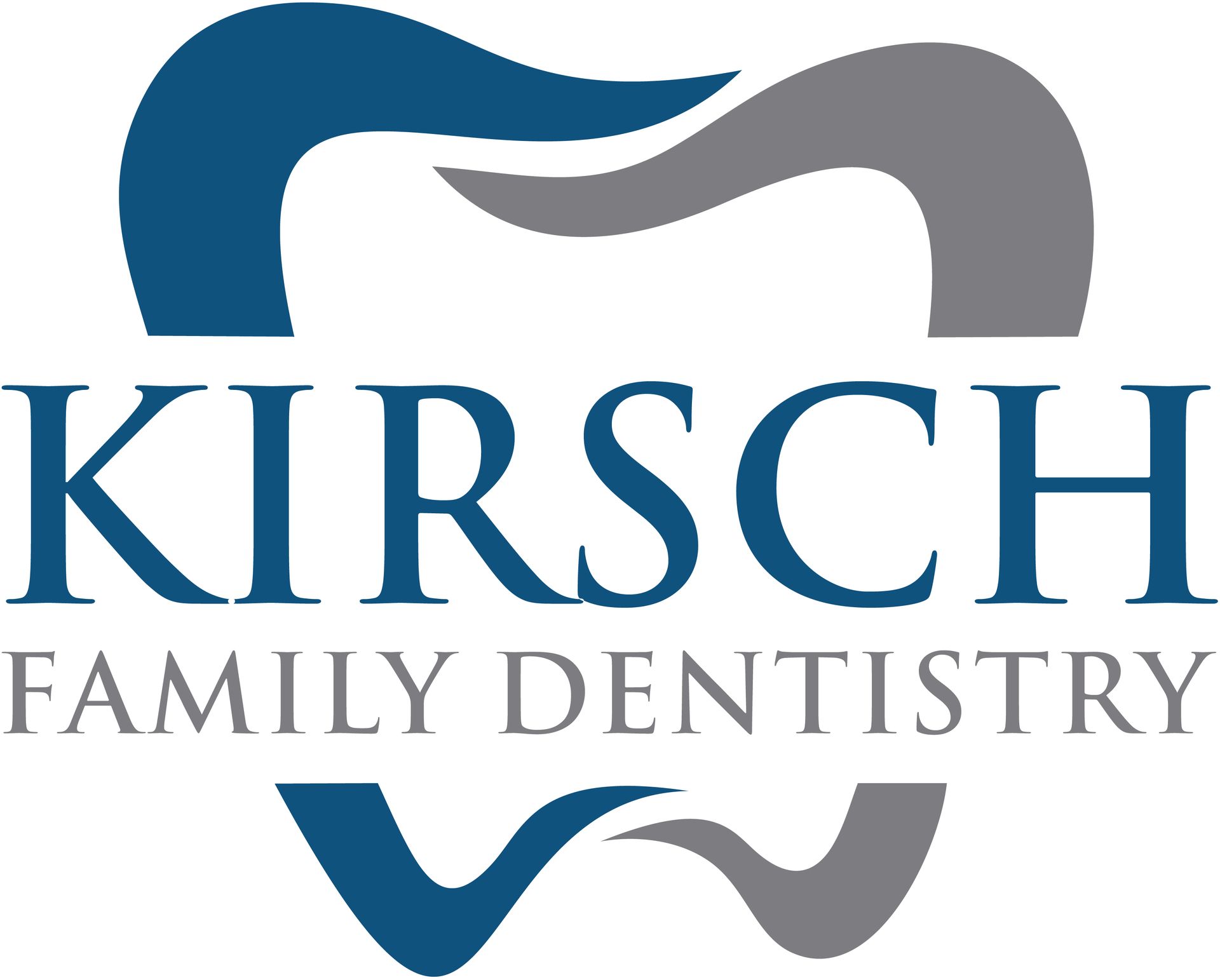 Kirsch Family Dentistry logo: Tooth-shaped design with blue and gray elements; text 