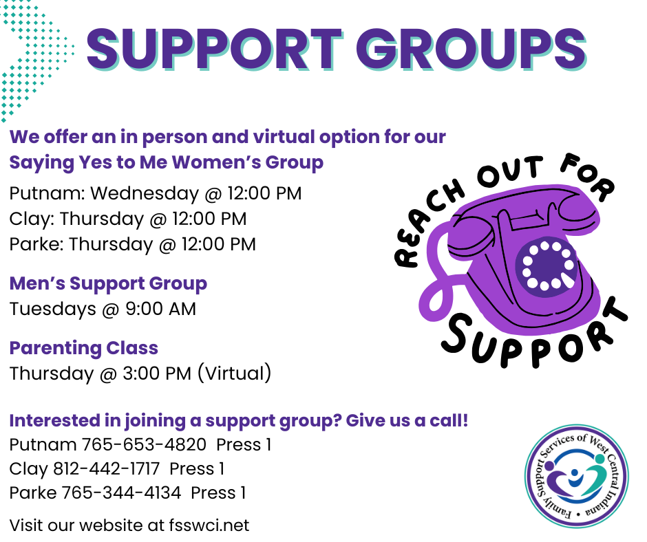 Support group flyer with times/locations for women's and men's groups, parenting class, and contact info.