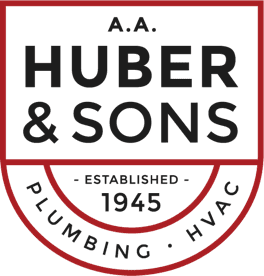 Huber & Sons Plumbing & HVAC logo, red and white, with 