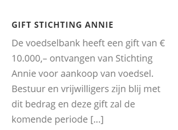 In een tekstblok wordt een gift van € 10.000 van Stichting Annie aan een voedselbank voor de aankoop van voedsel aangekondigd.