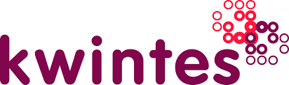 Kwintes-logo: kastanjebruine tekst met een cluster van kleurrijke cirkels.
