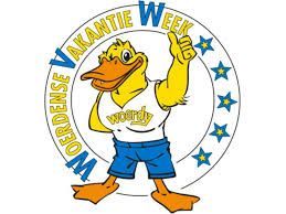 Een cartooneend die een duim omhoog steekt, reclame voor de Woerdense Vakantie Week. Geel en blauw.