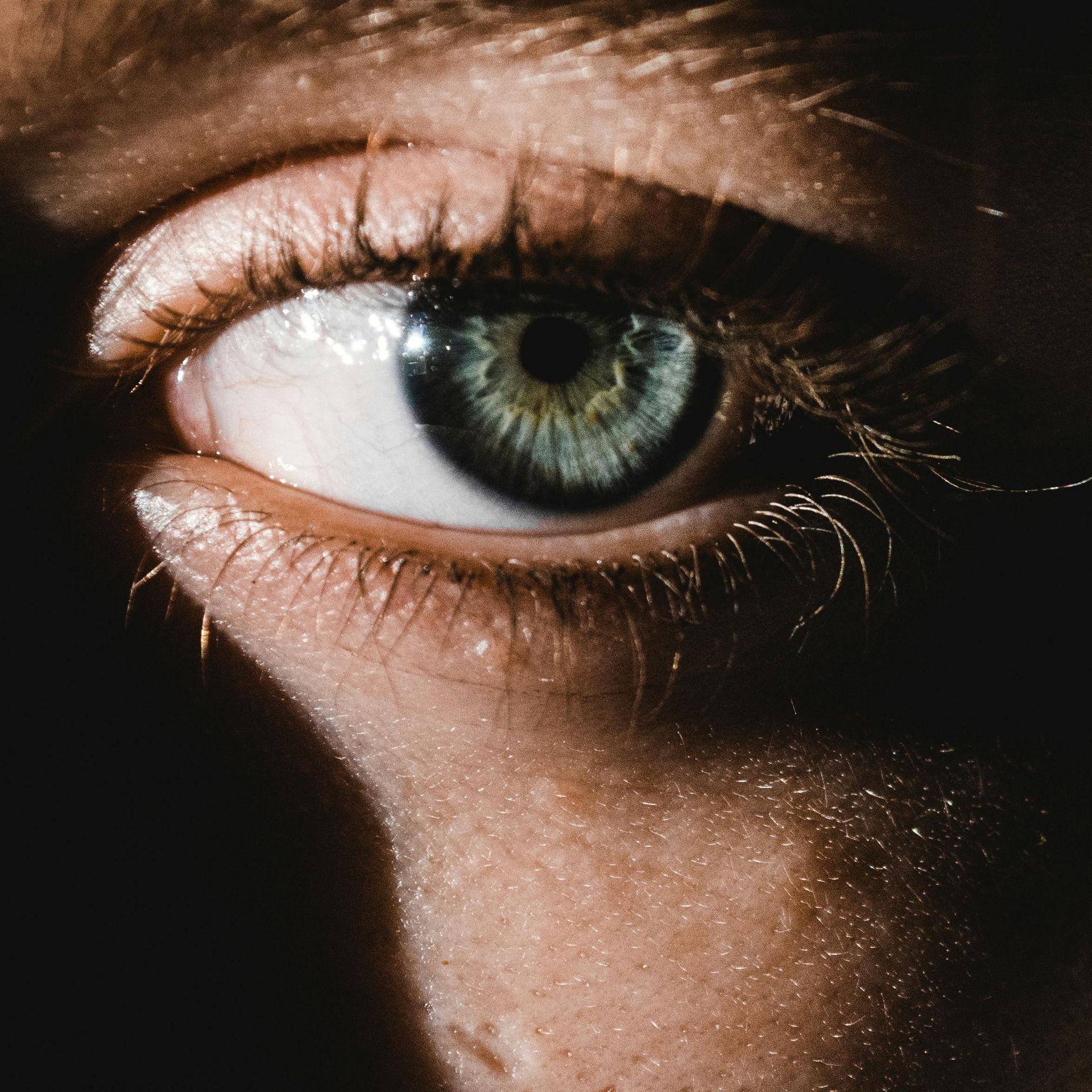 Close-up van een oog met blauwgroene iris en lange wimpers, afgezet tegen een schaduwrijk gezicht.