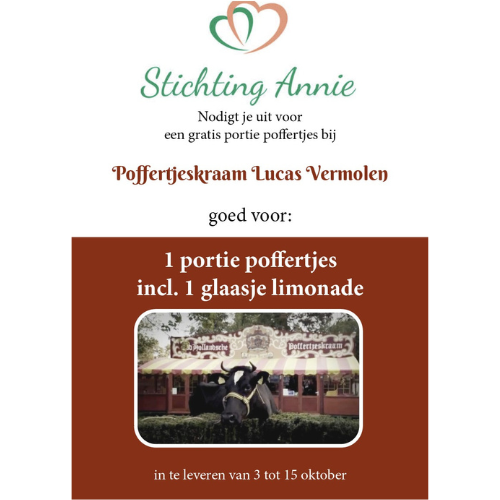 Flyer from Stichting Annie offering a free portion of poffertjes and lemonade at Lucas Vermolen's poffertjes stall.