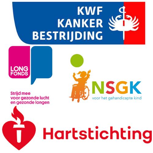 Logo's voor liefdadigheidsinstellingen voor kanker, longziekten, hartziekten en kinderen met een beperking. Kleurrijke logo's met tekst.