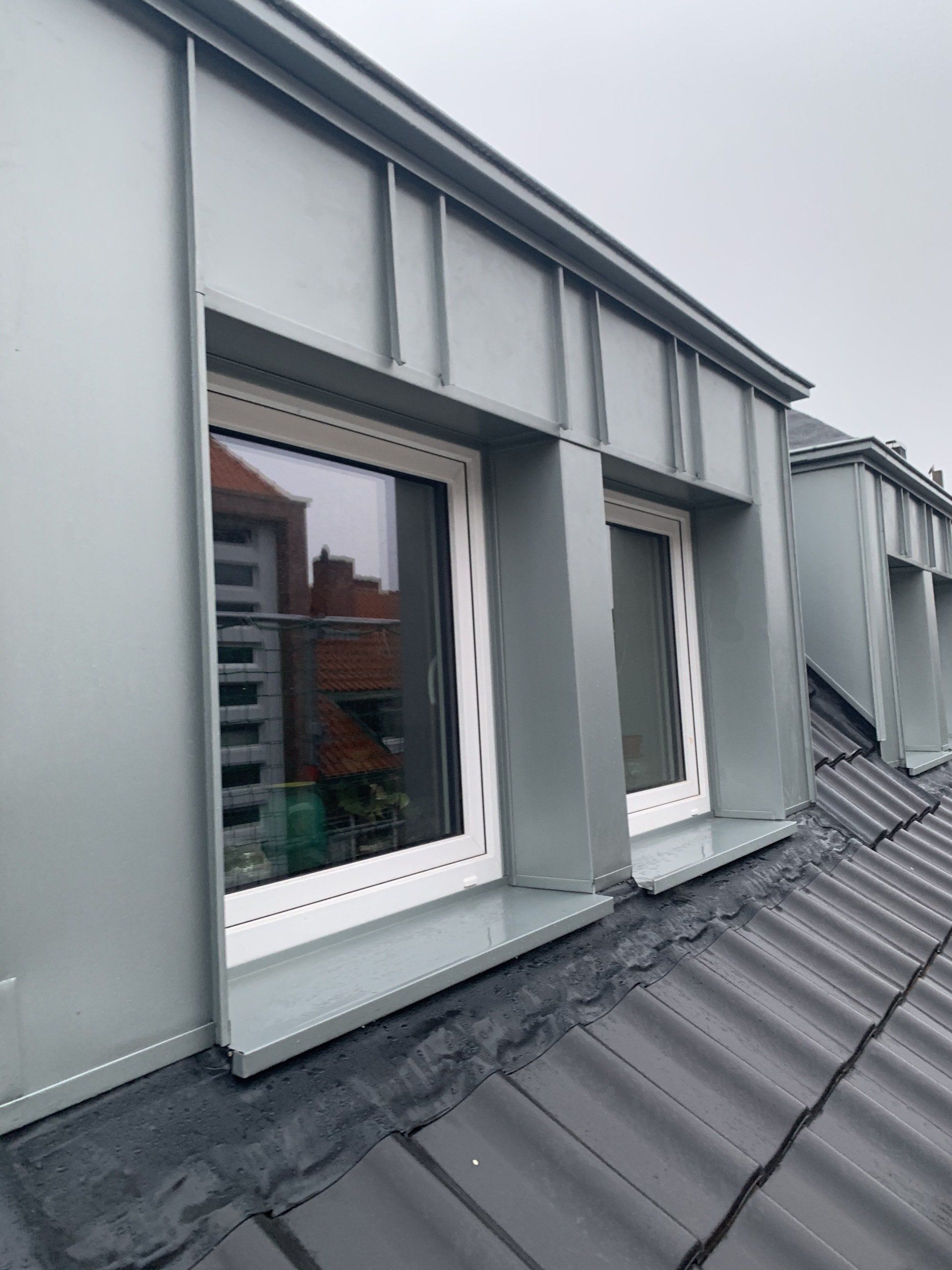 Graue, metallverkleidete Dachgauben auf einem dunklen Ziegeldach, mit weißen Fensterrahmen, bewölktem Himmel im Hintergrund.