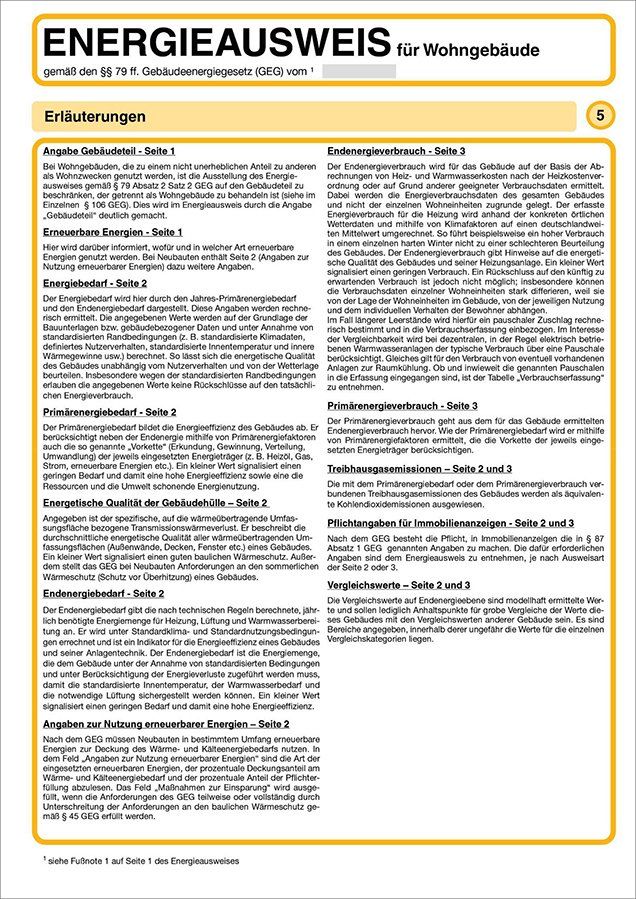 Energieausweis für Wohngebäude mit Erläuterungen in deutscher Sprache.