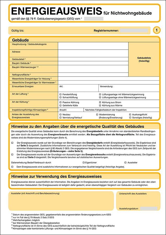 Formular für den deutschen Energieausweis mit gelben Markierungen.