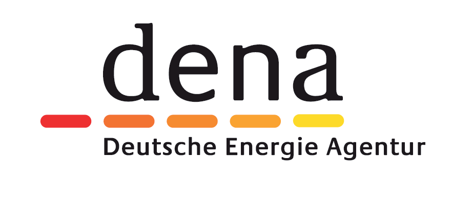 Logo der dena, der Deutschen Energie-Agentur, mit dem Text „dena“ und einem Farbbalken von Rot nach Gelb.