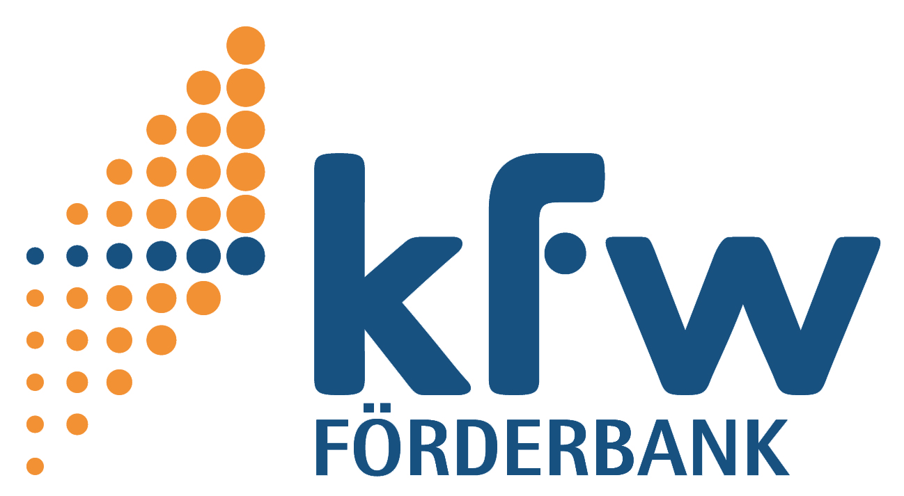 Logo der KfW Förderbank, blauer Text mit orange-blauer Punktgrafik.